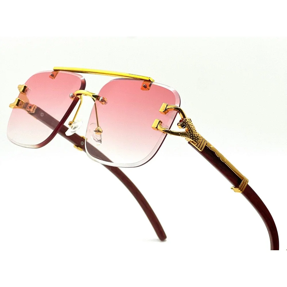 Pink Gradient Rimless‎ Square Women Sunglasses Gold Panther Wood Grain Temples